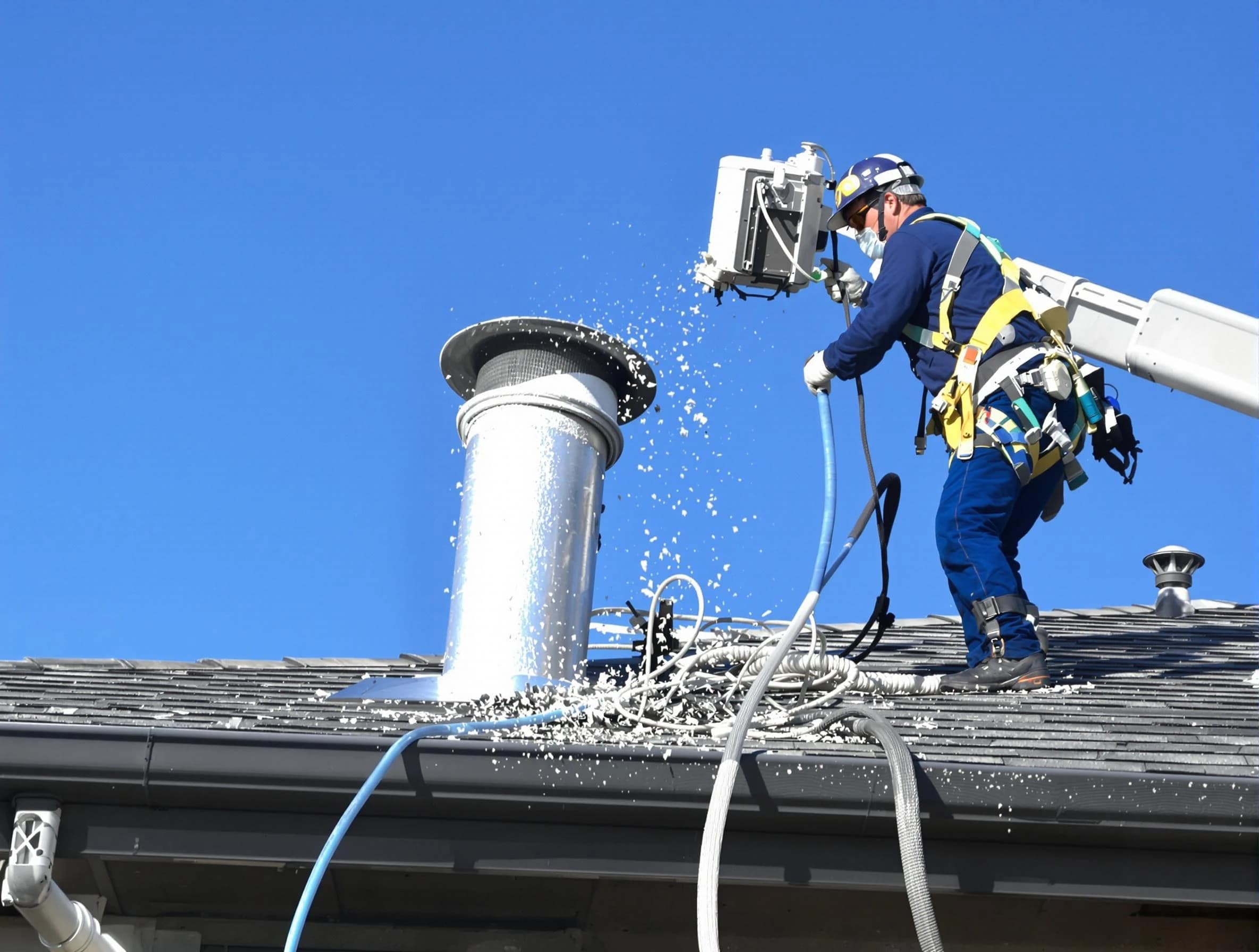 North Huntingdon Dryer Vent Cleaning certified technician safely cleaning a roof-mounted dryer vent in North Huntingdon