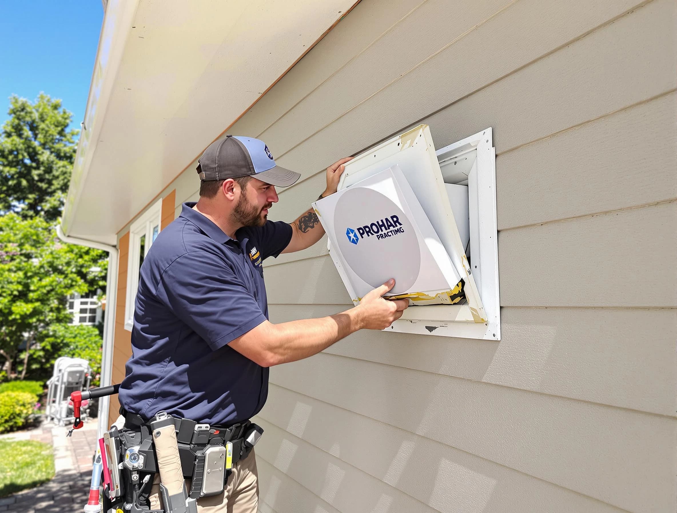 North Huntingdon Dryer Vent Cleaning technician installing a new protective dryer vent cover on a home in North Huntingdon