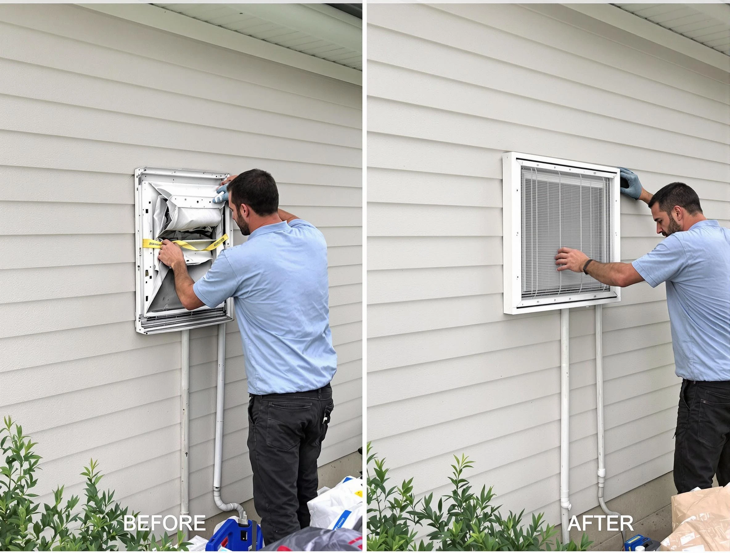 North Huntingdon Dryer Vent Cleaning technician installing high-quality dryer vent cover at a residential property in North Huntingdon